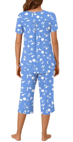 Image of Womens Summer Pajama Sets 2 Piece Short Sleeve Top and Capri Pants Plus Size Ladies Lounge Pjs Sets with Pockets