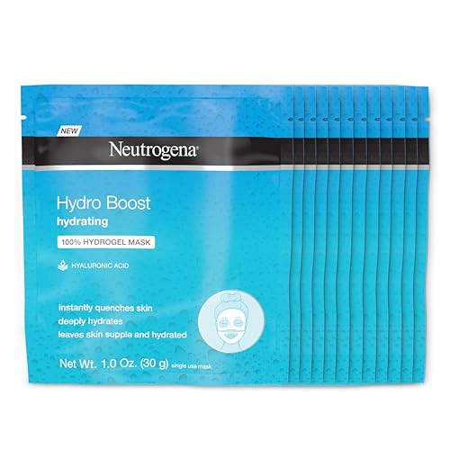 Neutrogena Hydro Boost Hydrating 100% Hydrogel Sheet Mask for Face, Moisturizing Gel Face Mask with Hyaluronic Acid for Dry Skin, Gentle, Non-Comedogenic, 1 oz, Pack of 12