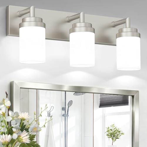 Image of Bathroom Light Fixtures, Brushed Nickel Bathroom Lighting Fixtures Over Mirror, Modern Vanity Light with White Glass Shade, Restroom Lighting Fixtures, 3-Light 22-inch