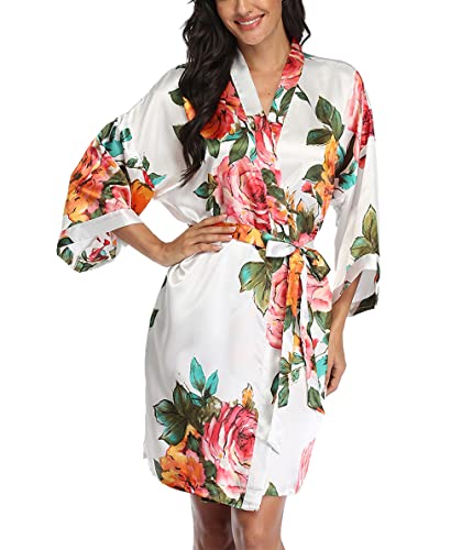 Bata corta tipo kimono de peonía para mujer, de satén, floral, para boda, camisón, Blanco, Small-Large