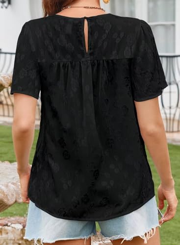 Tops for Women 2025 Boho Floral Blouses Short Puff Sleeve Shirts Summer Flowy Crew Neck Casual Peasant Lace Clothing3