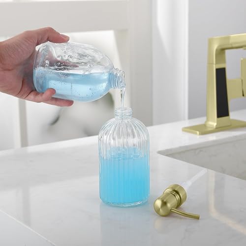 Image of Gold Refillable Glass Kitchen Soap Dispenser,16oz Bathroom Soap Dispenser with Vertical Strip,Golden 304 Stainless Steel Pump Head, Clear Thick Glass,for Modern Home Decor, Countertop, Hotel