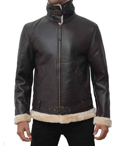 Image of fjackets Shearling Leather Coat Men - Real Lambskin Leather Jackets Mens Sherpa Lined Winter Casual Fur Coats Outerwear