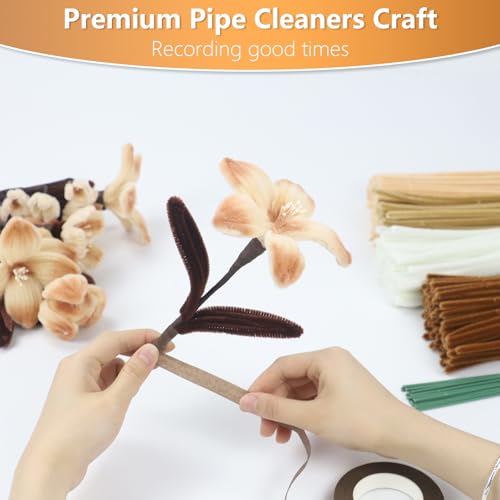 Image of 400 Pcs Pipe Cleaners Craft,5 Assorted Colors Pipe Cleaners Bulk | Chenille Stems for DIY Flower Making Kit with Floral Wires, Gardening Tape,Stamen& Ribbon (Brown)