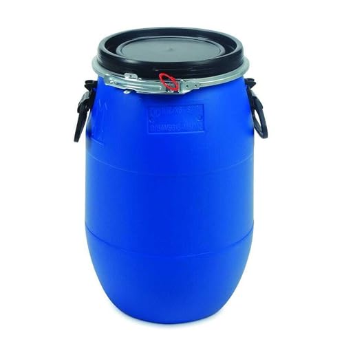 STORM TRADING GROUP 30 Litre Plastic Blue Open Top Storage Barrel Drum Keg with Lid and Latch Ring, UN Approved, Grade for Shipping, Air Tight