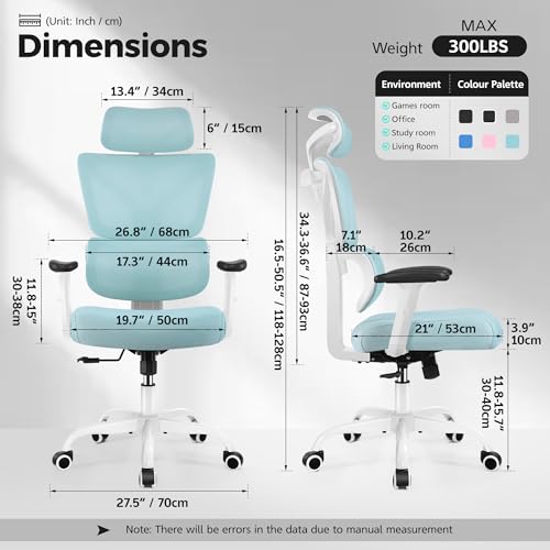 Image of Ergonomic Office Chair High Back Desk Chair with Lumbar Support, Breathable Mesh Computer Chair with Adjustable Armrests Height, Reclining Swivel Big and Tall Gaming Chair for Home Office(Light Blue)
