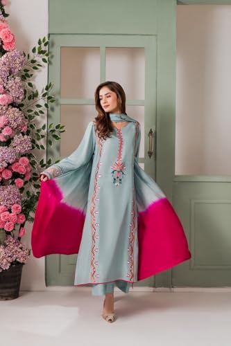 Image of Women's French Crepe Embroidered Mirror Work Kurta Pant Set with Chinon Double Dyeing Dupatta | Straight Ethnic Suit Set | Festive, Party