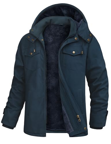 Lonya Chaqueta Hombre Tipo Bómber Invierno Militar Cazadora Jacket Chaquetas de Trabajo Forro de lana Bolsillos Múltiples Cortaviento Casual Cálida de Algodón Cortavientos con Capucha, Azul Marino, L