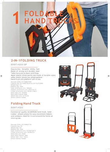 Image of BLACK+DECKER ‎BXWT-H206-SP 2-in-1 Folding Handtruck, 55 /120kg(Handtruck /Platform) Load Capacity, Weight 7.3kg, Black & Orange, Open Dimn: 78x45x92 cm, Folded Dimn: 38.9x11.7x64.3 cm