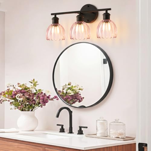 Image of Bathroom Light Fixtures, 3-Light Brushed Black Vanity Lights for Bathroom with Pink Tulip Glass Shade, 20 inch Vintage Bathroom Vanity Lighting Fixtures Over Mirror for Bedroom Living Room Hallway