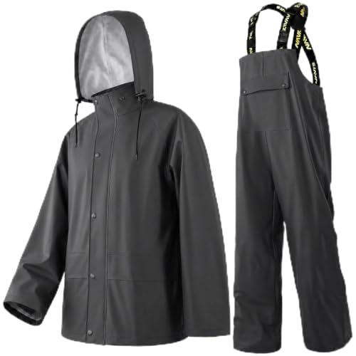 Image of Men's Workwear 3-Piece Waterproof PU Rain Suit Set | Hooded Jacket & Bib Pants, Sealed Seams, Storm Flap, Adjustable Suspenders, Flap Pockets, Outdoor Work, Fishing, Farming
