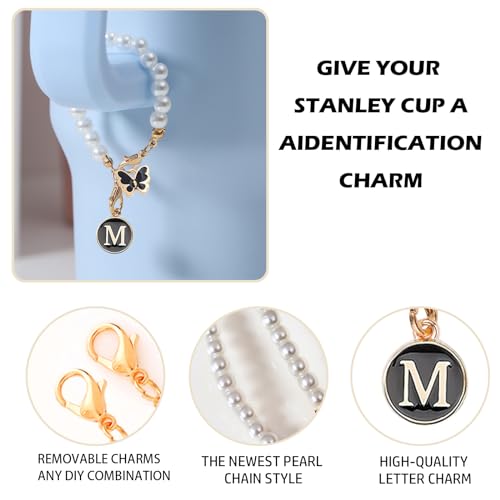 Image of Letter Charm for Stanley Cup,Pearl Chain Accessories Stanley Cup Initial Charms for Handle Stuff Decor Water Bottle Jewelry Tumbler Cute Personalized Name ID Decorations Black Tag (M)
