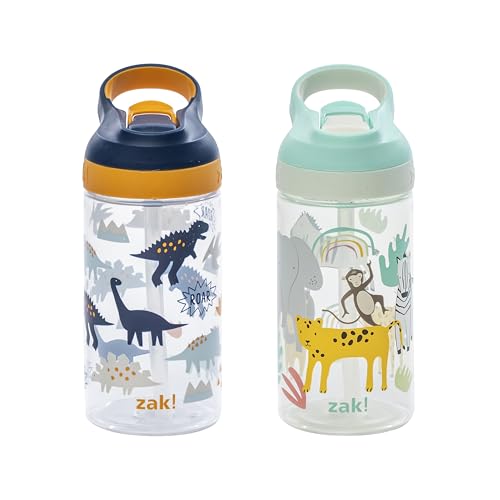 Image of Zak Designs Atlantic Kids Water Bottle For School or Travel, 16oz Durable Plastic Water Bottle With Straw, Handle, and Leak-Proof, Pop-Up Spout Cover, 2-Pack (Zaksaurus and Safari)