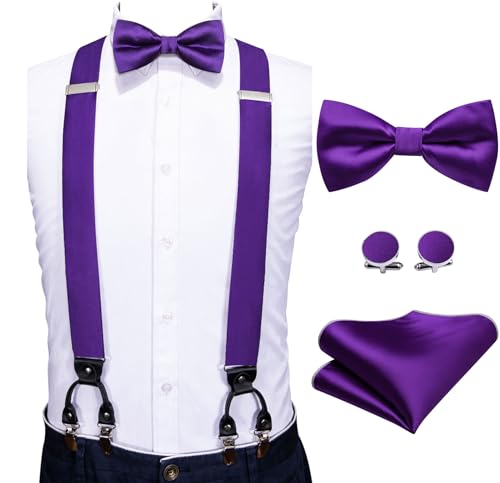 Image of YOHOWA Men Suspenders 6 Clips Strength Adjustable Y Braces Pre-Tied Bow Tie Set Formal Wedding Party