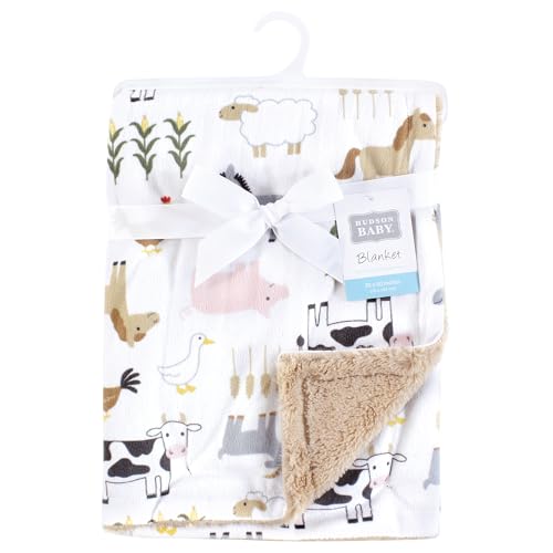 Image of Hudson Baby Unisex Baby Plush Blanket with Furry Binding and Back, Cute Farm, One Size