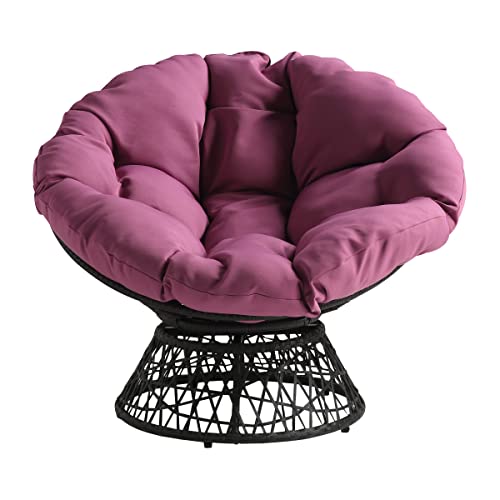 Image of OSP Home Furnishings Wicker Papasan Chair with 360-Degree Swivel, 40 inch W x 36 inch D x 35.25 inch H, Grey Frame with Purple Cushion