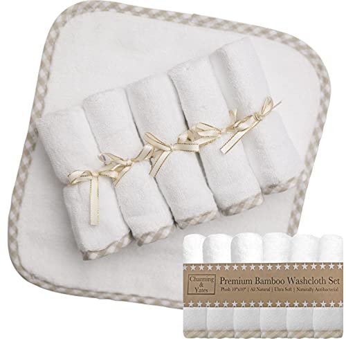 Image of Channing & Yates Organic Baby Washcloth Set Premium Boutique- (6 Pack Wash Cloth) - Softest Face Towels or Washcloths for Eczema - Child or Adult Essentials for Bath (Beige/White)