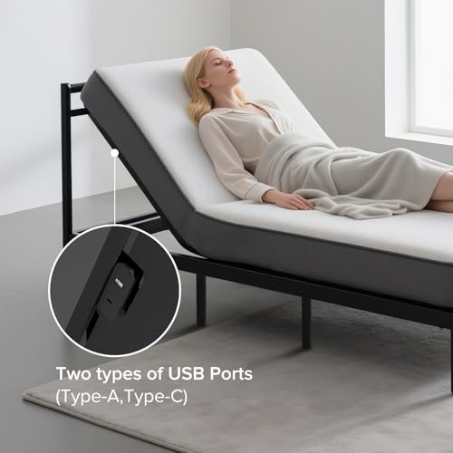 Image of Massage Twin XL Adjustable Bed Frame with Incline Head & Foot, Wireless Remote, USB Ports, Quiet Motor Adjustable Bed Base with LED Night Light & 4 Height-Adjustable Legs, Easy assembly (Twin XL)