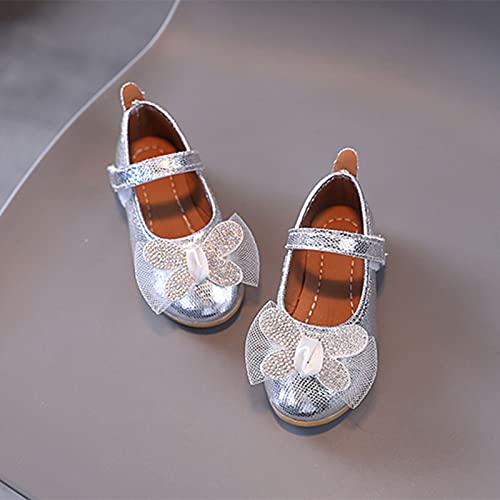 JUNLAI Verão e outono moda meninas sapatos casuais cor sólida laço malha strass plano (prata, 5-5,5