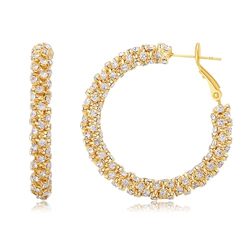 14K Gold Plated 29–35mm Lightweight Hoop Earrings for Women, Cubic Zirconia, 925 Sterling Silver Post, Hypoallergenic Jewelry