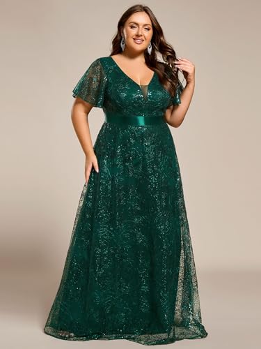 Ever-Pretty Plus Women's V Neck Embroidered Sequin A Line Ruffles Sleeves Plus Size Evening Dresses Ball Gowns 02314-DA3