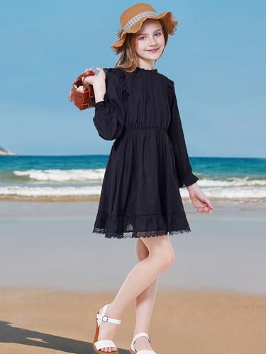 WULFUL Girls Long Sleeve Dress Flared Belted Fall Casual Party Dress A-line Swing 5-14 Years4