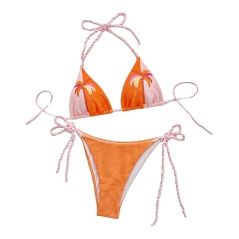BYFINECANY Women's Palm Tree Printed Summer Bathing Suit Colorblock High Waist Swimsuit Bikinis Set Orange M Cover