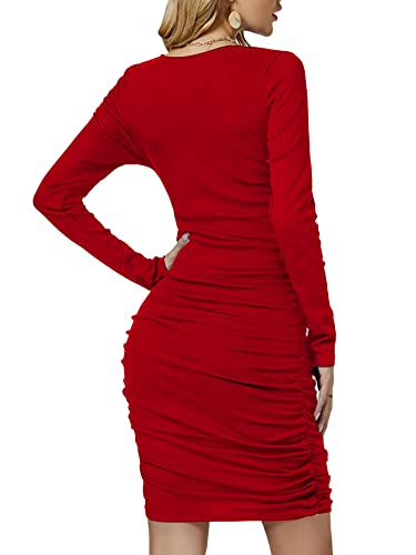 Umenlele Women’s Sexy Asymmetric Neck Long Sleeve Bodycon Ruched Party Short Mini Dress Red Small #TOP1