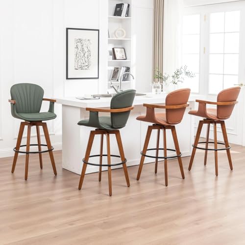 Image of LUNLING 30 inch Bar Height Stools Set of 2,Mid Century Modern Bar Stools,Brown PU Leather Kitchen Island Stools,Wood High Barstools Swivel with Back and Arms for Home Bar Furniture