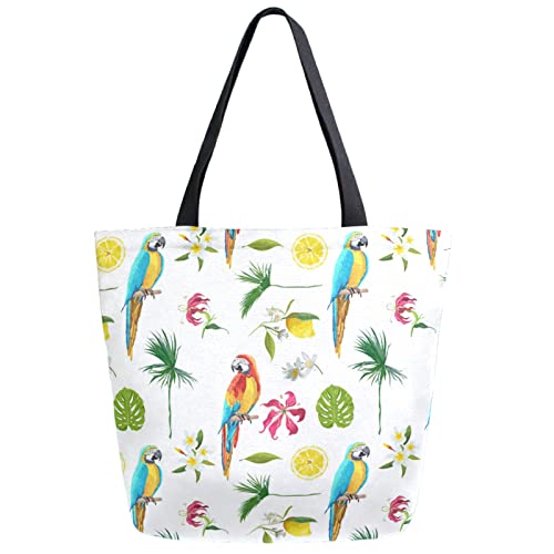 Tote Bag Tropical Parrot Flowers Lemons Bolso De Lona Reutilizables Bolsos Bandolera Multiusos Bolsa De Tela Para Trabajo Colegio Uso Diario 40X50CM