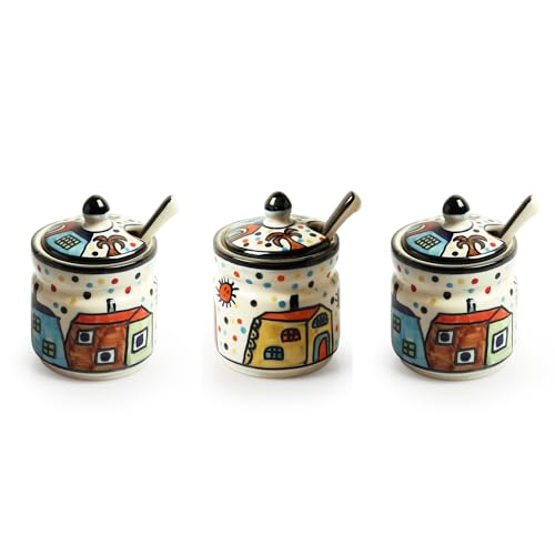 Image of ExclusiveLane 'Hut Handpainted' Ceramic Pickle Jars for Dining Table with Spoon & Wooden Holder (Set of 3, 280 ML)|Ceramic Jars for Kitchen Storage Pickle Holder Pickle Jars for Storage Aachar Jar Set