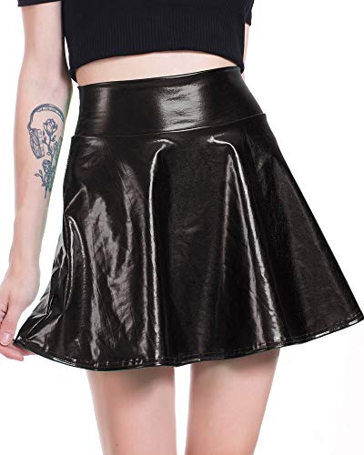 Moxeay Womens Cosplay Skirt Shiny Flared Pleated Mini Skater Skirt Club Mini Skirt (XL/US 10, Black)