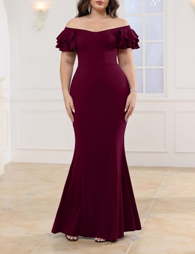 Image of Ekaliy Women's Plus Size Maxi Dress Elegant V-Neck Ruffle Sleeves Bodycon Mermaid Evening Gown