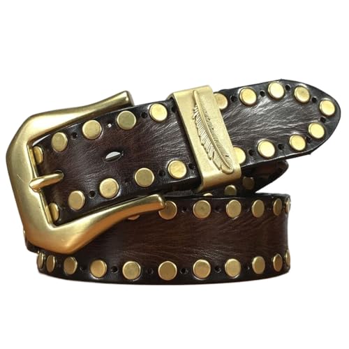 Studded Belt Men, Adjustable Leather Rivet Punk Casual Cowhide Belt for Men with Brass Metal Pin Buckle,Brown,120CM/47.3''