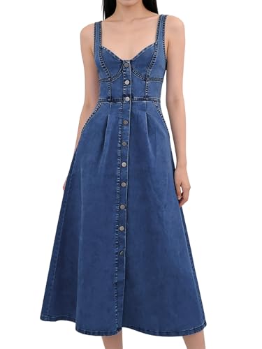 utcoco Denim Dress for Women Sleeveless Button Down Slim Fit Midi Jean Dresses for Women 2026 (Medium, Dark Blue)