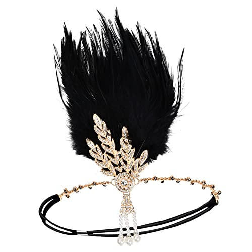 wangjiangda Bandeau Plume Année 20 Bandeau Serre-tête Vintage Classique Plume Strass Accessoires Gatsby Flapper Bandeau Charleston Bandeau Art Déco Gatsby Accessoire Femme pour Partie à Thème, Noir Cover