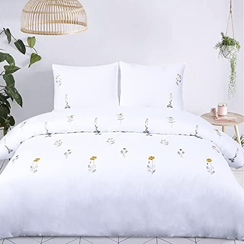 Floral Duvet Cover Set Double White Yellow Flower Embroidered Bedding Set Cottagecore Elegant Botanical Wildflower French Country Cottage Fresh Summer Blossom 3 Pieces 200x200 Girls