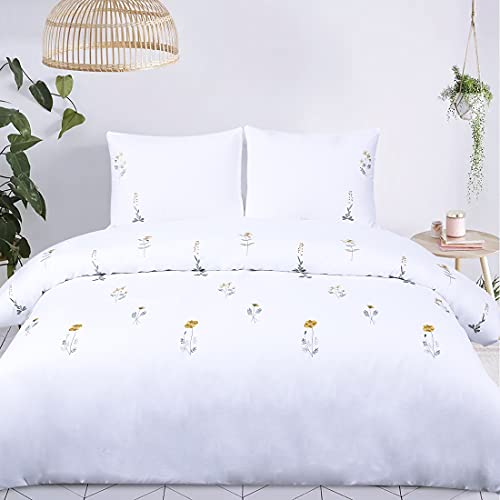 Chlophy King Size Duvet Cover Sets White Yellow Floral Bedding Set Embroidered Flower Cottagecore Elegant Botanical Wildflower French Country Cottage Fresh Summer Blossom - Image 3