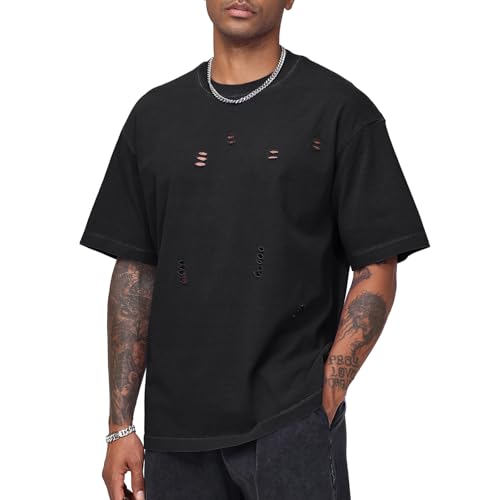Men's Oversized Ripped T Shirt Vintage Streetwear Baggy Tees Cotton Workout Unisex Short Sleeve Tops