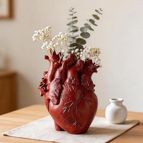Heart Shape Resin Vase Gothic Anatomical Flower Vase for Dried Flowers Glass Vase Alternative Unique Resin Desktop Decor Medical Appreciation Gift for Nurse Doctor Home Office Living Room Shelf