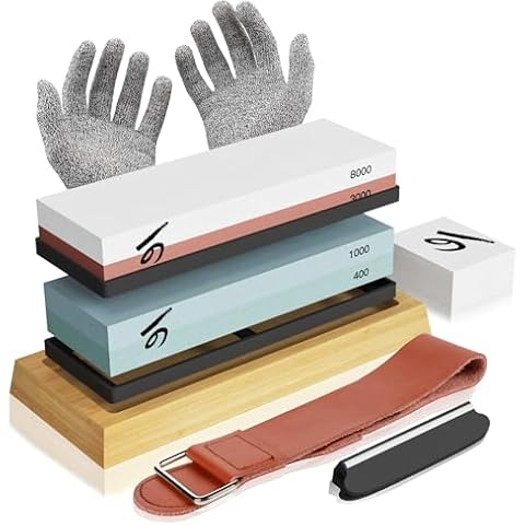 Knife Sharpening Stone Kit, KERYE Professional Japanese Whetstone Sharpener Stone Set, Premium 4 Side Grit 400/1000 3000/8000 Water Stone, Flattening Stone, Angle Guide, Leather Strop, Anti Cut Gloves Cover
