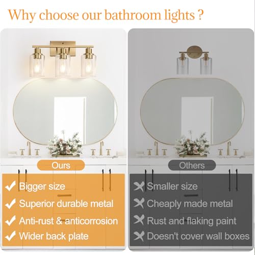 Image of Indoi 3-Light Bathroom Light Fixtures, Brass Modern Vanity Lights with Clear Glass Shades, Bathroom Wall Lamp for Mirror Living Room Cabinet Bedroom Porch