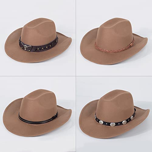 Image of 2 Pack Western Cowboy Hats for Women Men 4 Different hat Bands | Classic Felt Wide Brim Costume Cow Boy Hat Curved Brim Cowgirl Hat