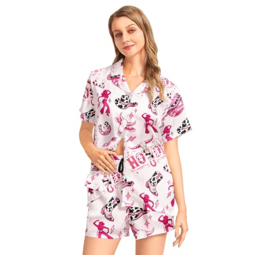 Image of Funny Pajamas for Women Set Print Satin Loungewear Pjs Short Sleeve Button Down Top and Shorts Sets Sleepwear XS-3XL