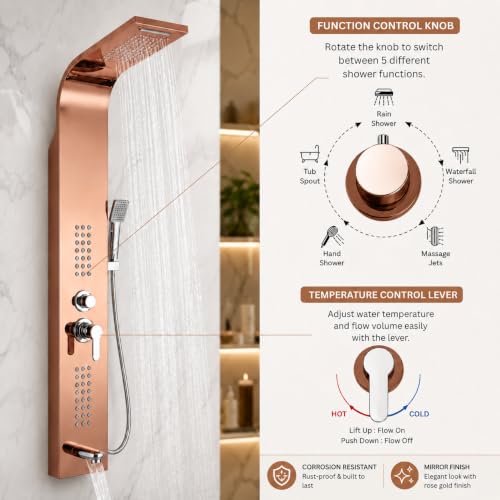 Image of ZeeCry Shower Panel Thermostate Stainless Steel 5 in One, Tower System, Rainfall Shower, Body Massage Spray, 3 Function Hand Shower (Rose Gold)
