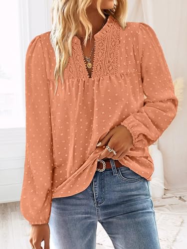 BETTE BOUTIK Women Boho Long Sleeve Shirts Dressy Casual V Neck Fall Fashion Tops Swiss Dot Flowy Blouses