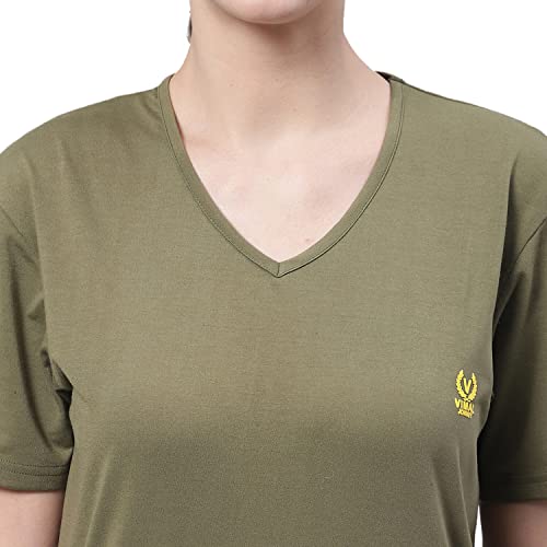 Image of Mack Jonney Women V Neck Cotton Solid Regular Fit T-Shirt-V Anthraa 001-P