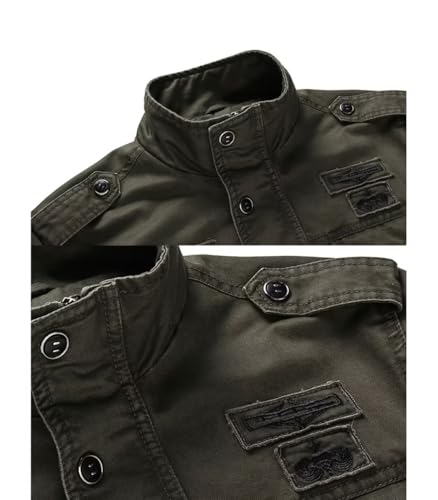FTIMILD Men's Washed Cotton Military Jacket Casual Lightweight Stand Collar Button Down Embroidered Coat with Flap Pockets3