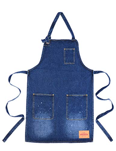 VANTOO Art Apron with Pockets and Adjustable Neck Strap,Denim Kitchen Apron for Men