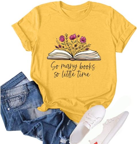 Book Lover T Shirts for Women Wildflower Book Shirt Reading Bookworm Shirts Summer Teacher Short Sleeve Casual Tee Tops-M (Yellow)